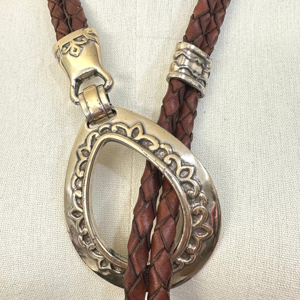 Vintage 1994 Braided Leather Bolo Belt Brown Silver Western Southwestern Cinch - Picture 2 of 7
